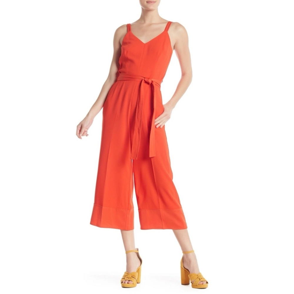 Trina Turk Orange Twill Wide Leg V Neck Belted Sleeveless Jumpsuit 10